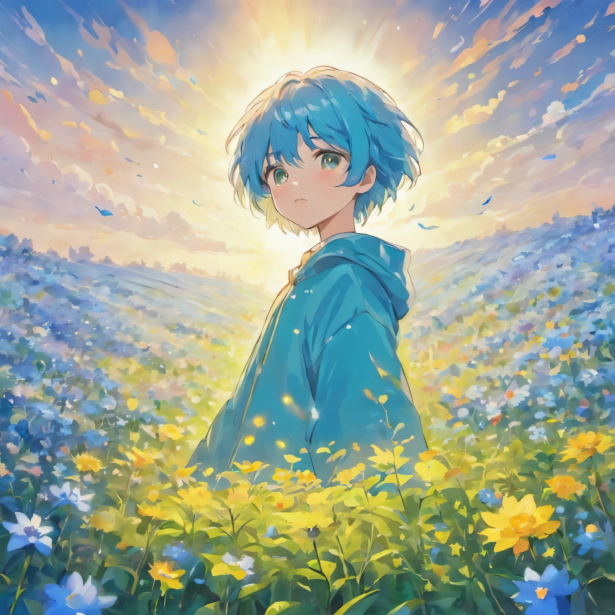 (best quality, high resolution, super detailed, cinematic), Solitary, 1 boy, charming, happiness, Boy standing in light blue flower field, Surrounded by light blue petals, whole body, Blue-haired boy, watercolor, pastel colors, Nebula in the sky, blue tree.