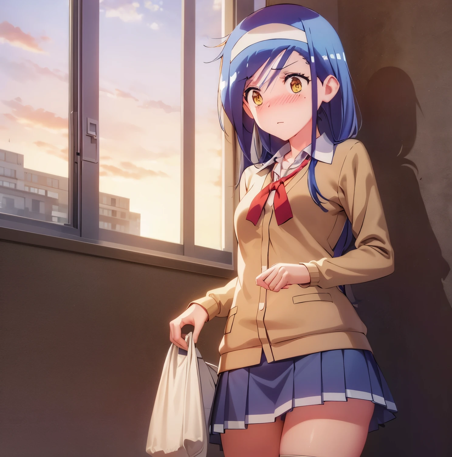 (CG unity wallpaper), (masterpiece), (best quality), (ultra detailed), (best illustration), (best shadow), (absurdities), 1girl, solo, 1girl, solo, furuhashi fumino, small breasts , medium waist, medium hips, wide thighs, school uniform, blue cardigan, pleated skirt, beige skirt, miniskirt, headband, white headband, black stockings, looking at viewer, looking down, embarrassed, blushing, (lifting shirt, view from to the abdomen), a girl in the library, sunset, good lighting, good anatomy, good hands