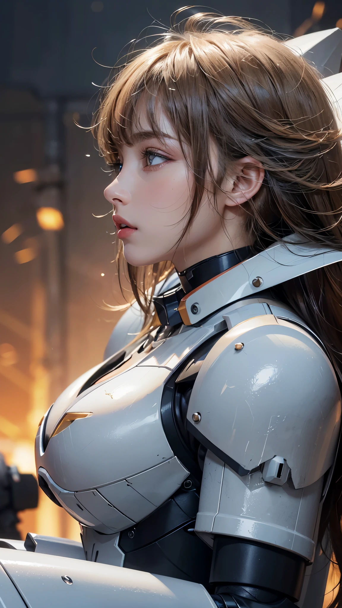 (UHD, retina, masterpiece, accurate, anatomically_correct, textured_skin, super_detail, high_details, high_quality, best_quality, high_res, 1080P, HD, 4K, 8k, 16k), (beautiful_detailed_eyes, beautiful_detailed_lips, extremely_detailed_eyes_and_face), soft_lighting, physically-based_rendering, vivid_colors, (large_:1.5), (shiny_hair, shiny_skin, tanned_skin), eye_reflection, (bangs:1.5), (splash_curl:1.2), (bokeh), semi-profile_view, (mecha, white_armor, profile:1.5),