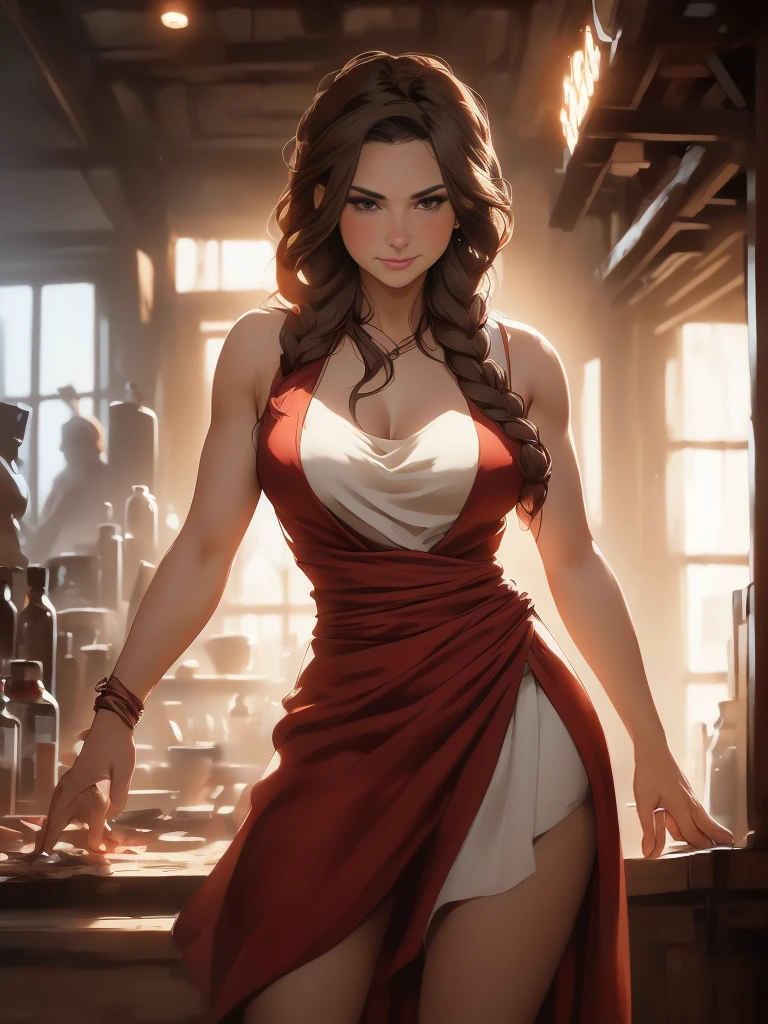 (Caucasianwoman, female, short brown hair, hair braided, pale, brown eyes, solo portrait, natural breasts) red dress, flowing dress, sleeveless dress, red clothing, full body, smiling, standing up straight, good lighting, daytime, inside tavern, best quality)), art by greg rutkowski