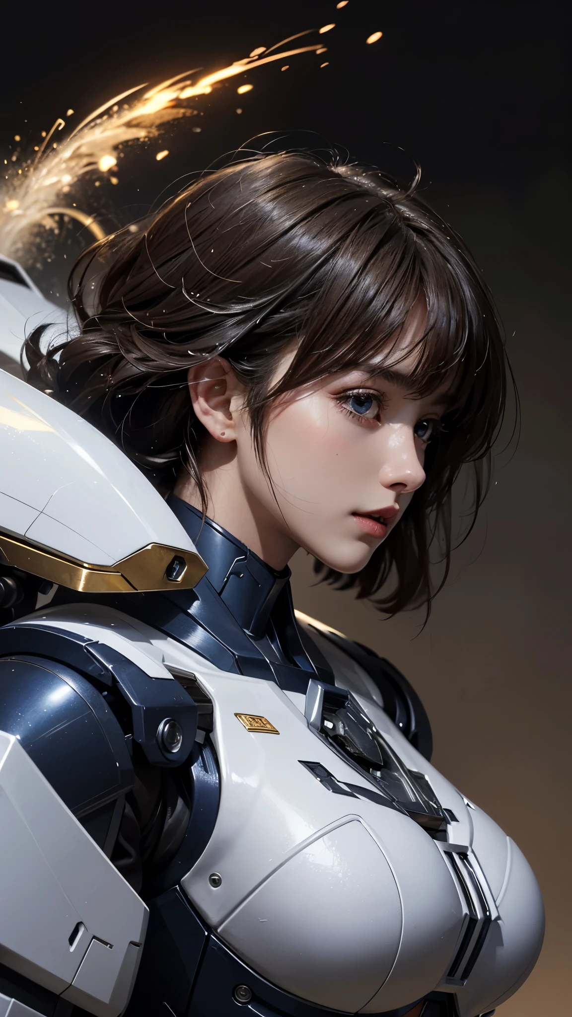 (UHD, retina, masterpiece, accurate, anatomically_correct, textured_skin, super_detail, high_details, high_quality, best_quality, high_res, 1080P, HD, 4K, 8k, 16k), (beautiful_detailed_eyes, beautiful_detailed_lips, extremely_detailed_eyes_and_face), soft_lighting, physically-based_rendering, vivid_colors, (large_breasts:1.5), (shiny_hair, shiny_skin, tanned_skin), eye_reflection, (bangs:1.5), (splash_curl:1.2), (bokeh), semi-profile_view, (mecha, white_armor, profile:1.5),