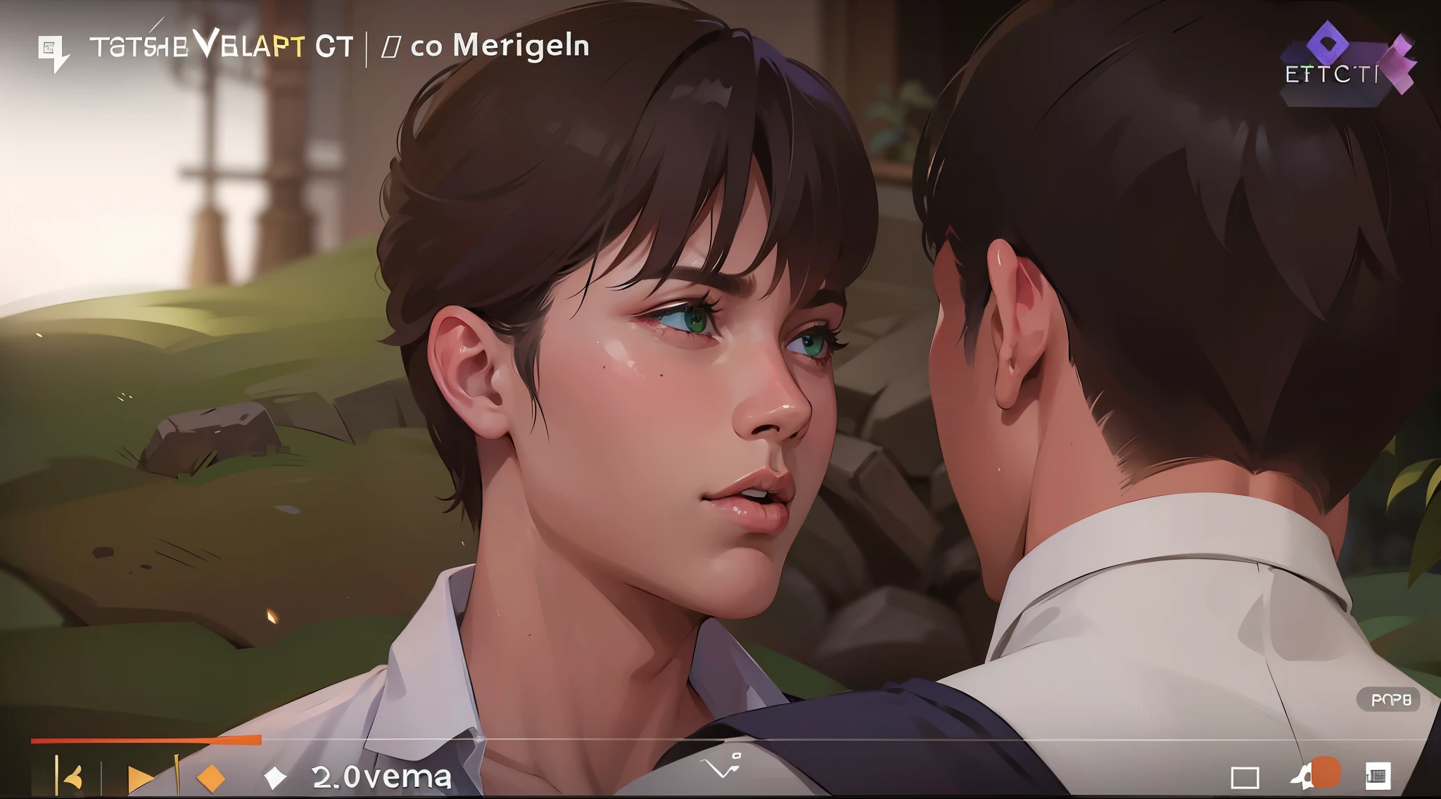 esta gritando tiene rostro furioso ojos de color verde mirada seria agresiva pensativa