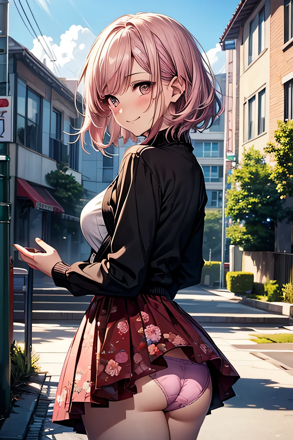 one woman, alone, middle aged, Beautiful woman、I could see the whole body、 ((short hair)), ((brown eyes, beautiful eyelashes, realistic eyes)), ((detailed face, blush:1.2)), ((smooth texture:0.75, realistic texture:0.65, realistic:1.1, Anime CG style)), glamorous body, big breasts, dynamic angle, perfect body, ((purple transparent prowse, red skirt))、(Hotel stairs)、It's windy、(Very embarrassing panic smile)、looked back、I can see her ass sticking out in front of me..、Angle looking up from the bottom of the stairs、 (((The wind turned up my skirt、My butt is now completely visible..、Pink floral panties)))、((table top, highest quality, High resolution, perfect pixel, 4K,))),