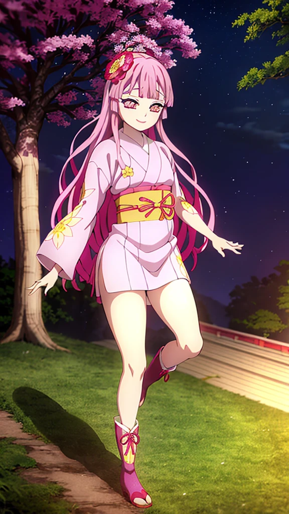 kimetsu no yaiba style, 1girl, flower kanzashi, Pink traditional dancer outfit, Obi Sash, long dress, Magenta Boots, solo, red eyes, flowing hair, smile, blue hair, outdoors, bangs, nighttime, tree, anime coloring, ((masterpiece))