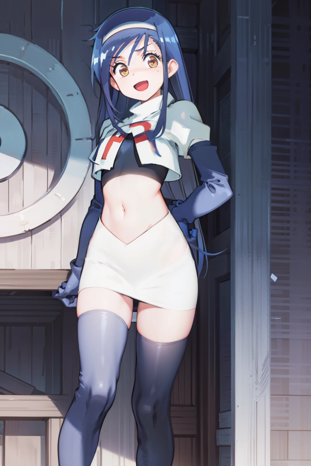 (extremely detailed CG unity 8k wallpaper), (masterpiece), (best quality), (ultra-detailed), (best illustration), (best shadow), (absurdres), 1girl, solo, fumino furuhashi, headband, looking at viewer, :d, small breasts, team rocket,team rocket uniform, red letter R, white skirt,white crop top,black thigh-highs, black elbow gloves,
