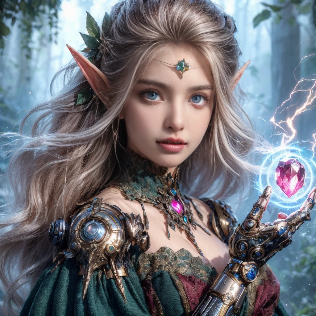 portrait of a female elf，A unique blend of fantasy and futuristic mechanical themes，Showing off her enchanting beauty while holding a mechanical gemstone wand and casting lightning magic。Her facial features are very beautiful，Pointy ears and charming eyes，Complements flowing hair。The costume she wears combines traditional elf clothing with modern mechanical elements，Symbolizing the intersection of magic and technology。The background blends a mysterious forest with subtle futuristic elements，Enhanced with unique themes。Her expression  confident and powerful，Capturing the grace and power of mythical spirits。