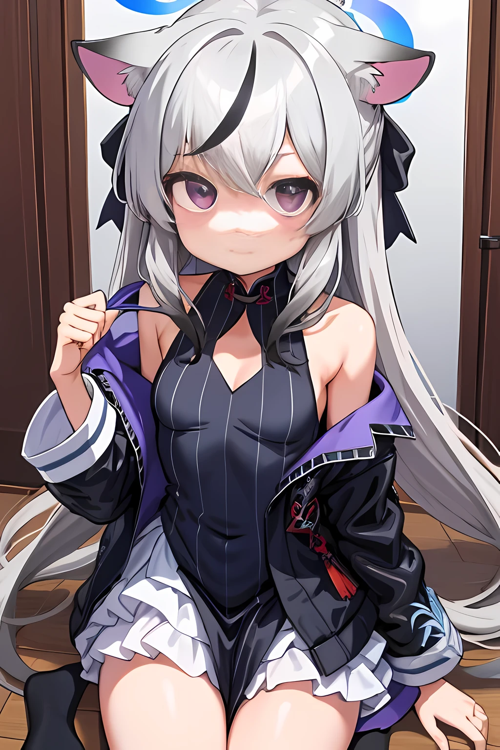 tmasterpiece， best qualtiy， ultra - detailed， 1girll，Gray hair Kokona， inside in room， Purple eye， ：3，the face  closeup cleavage,  Winter suit, winter wonder