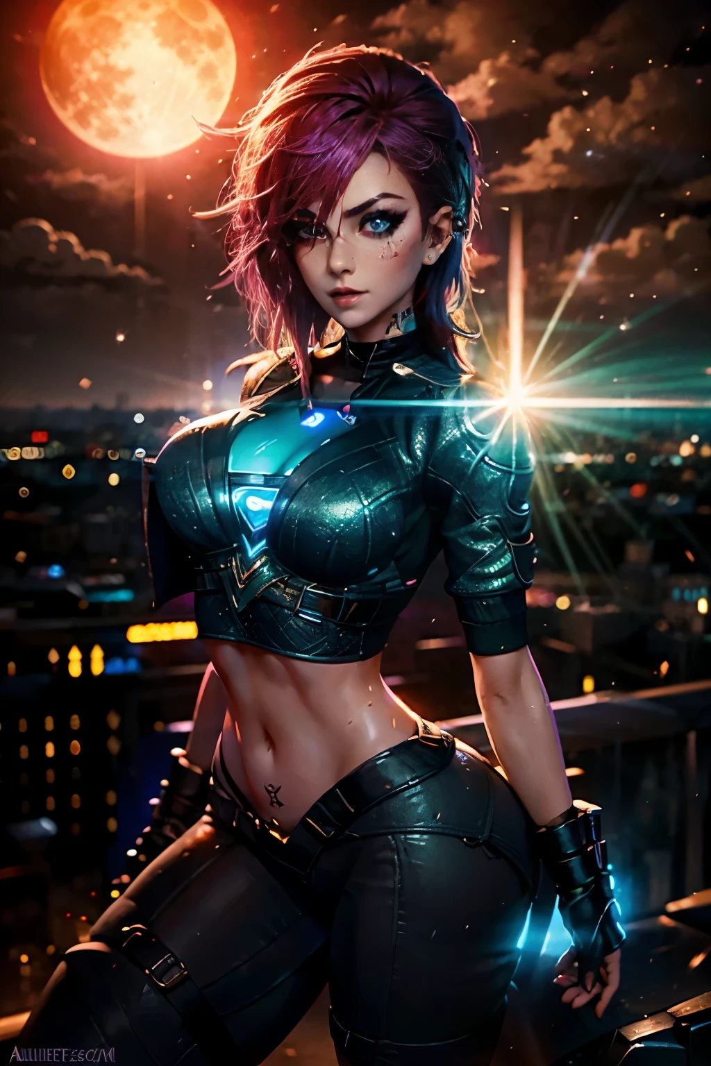 A charismatic girl is standing on top of a city at night. She has beautiful blue eyes that shine under the full moon. The scene is captured in the highest quality, with a resolution of 4k, creating an ultra-realistic and highly detailed image. The girl's full body is highlighted, showcasing her elegant pose and captivating presence. The cityscape is illuminated by dynamic lights, creating a vibrant and dynamic atmosphere. The color palette is dominated by the cool tones of the night, with deep blues and mysterious shadows. The full moon is the focal point, casting a gentle glow over the entire scene.