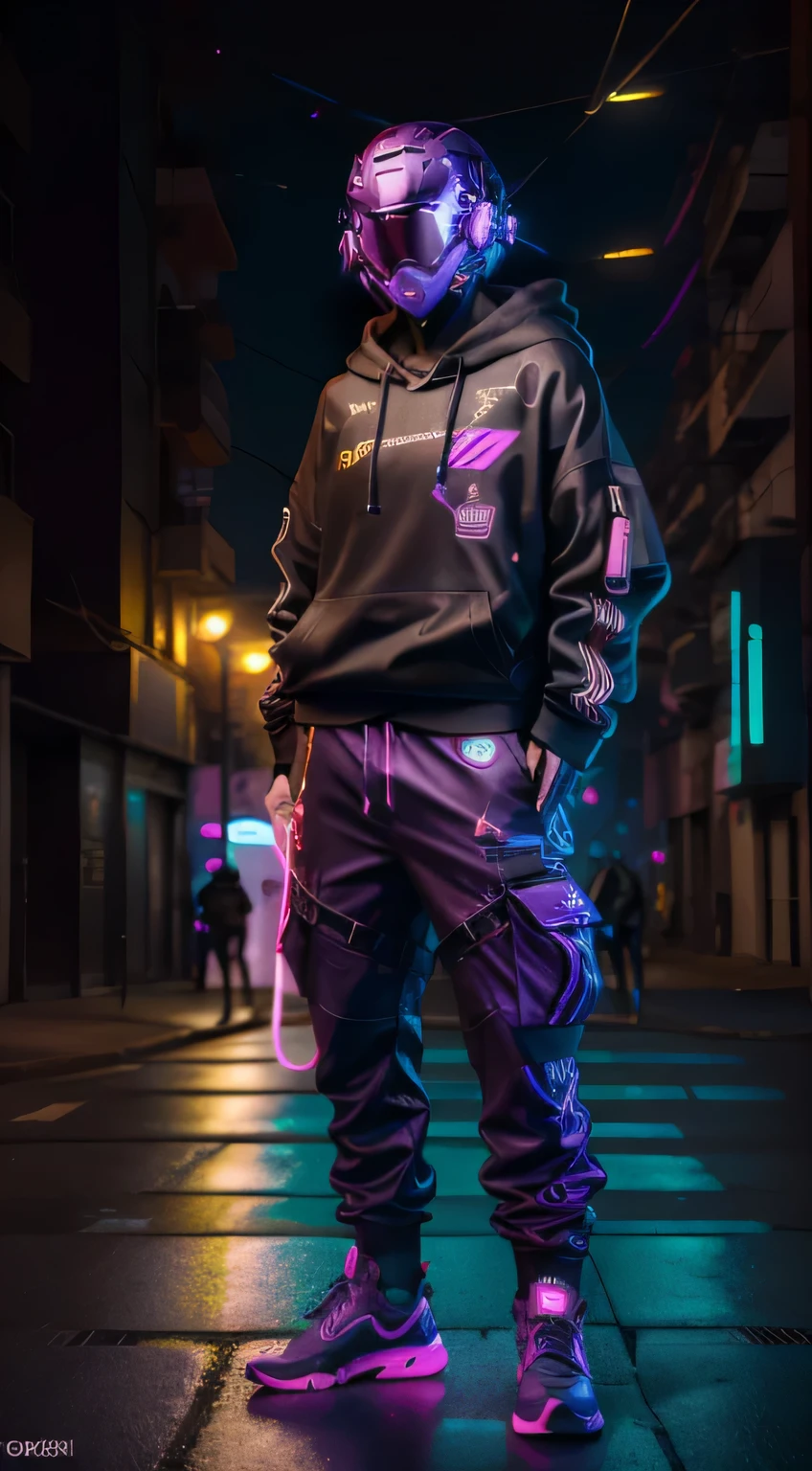 (obra de arte, Tiro de corpo inteiro, intricado raw photography) cyberpunk citizen, Large and comfortable dark purple hoodie, Black cargo pants with neon details, roupas pretas com detalhes em neon, Escuro, wearing a neon lilac black Hitech Astronaut style helmet, intricado, futurista, advanced technology, Escuro environment, dramatic, luz e sombra, cinematographic, action film, nitidez, random relaxed position, cidade ciberpunk, street lighting, Escuro street, noite, Instant Photo, foto do ano, Octane rendering, substance, banana 3d, cinema4d, Art Season Trends, Deviant art trends, quatro poses diferentes