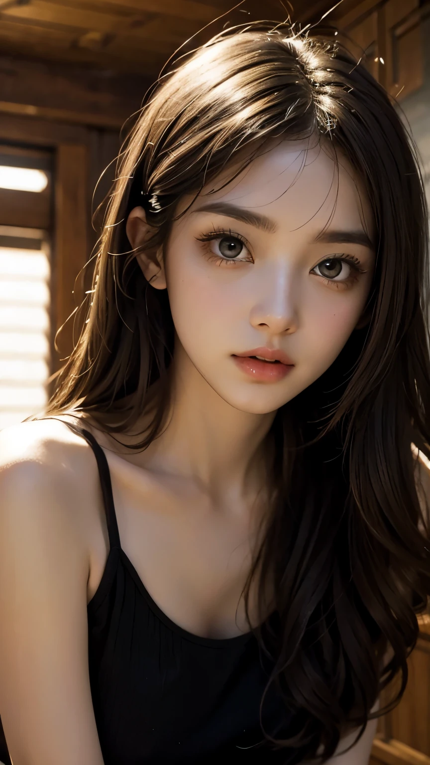 masterpiece, high quality, high resolution, perfect anatomy, ultra detailed, 1 girl, beautiful face, big eyes, dolly eyes, droopy eyes, beautiful eyes, small face, thin waist, gigantic breast, black medium hair with bangs, pale skin, face focus, upper body, upscaled.
