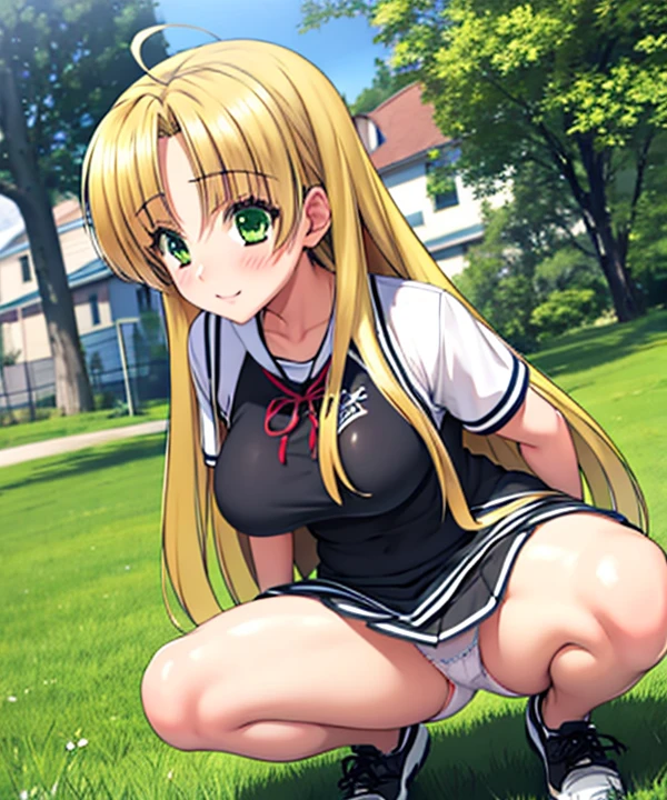 Asia　Beautiful long blonde hair　green eyes　high school girl　mini skirt　white panties　Squat with your legs apart