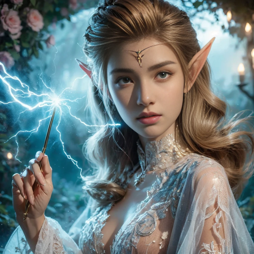 (portrait)，cowboy shot, Female elves in fantasy world，Wave your wand and cast lightning magic，Show charming and ultimate beauty。Her facial features are delicate，Pointy ears，charming eyes，The flowing hair adds to her mysterious aura。She dresses elegantly、flowing robe，Reflecting her magical prowess。The background  surreal、charming scenery，Enhanced fantasy theme。Her expression  confident and powerful，Embodying the grace and power of mythical spiritocus on the elf and her spellcasting。