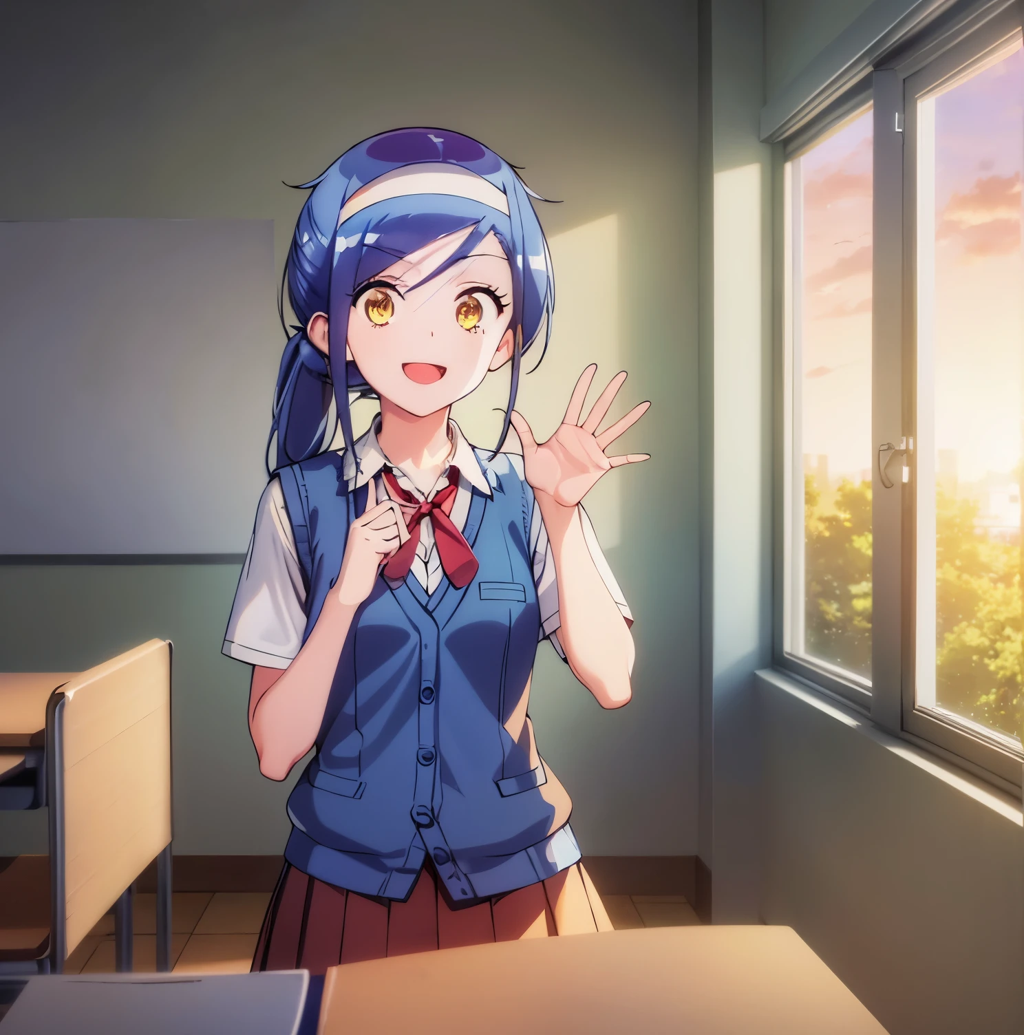 (extremely detailed CG unity 8k wallpaper), (masterpiece), (best quality), (ultra detailed), (best illustration), (best shadow), (absurdities), 1girl,alone, fumino furuhashi, school uniform, white headband, (blue vest, sweater vest: 1.2), (short-sleeved shirt, red shirt: 1.2), yellow ribbon, (pleated skirt, beige skirt: 1.2), black knee-high stockings, bow, blue hair, side ponytail, yellow eyes, looking at viewer, waving, smile, open mouth, girl in classroom, sunset, good lighting, smiling, mouth closed, good anatomy, good hands