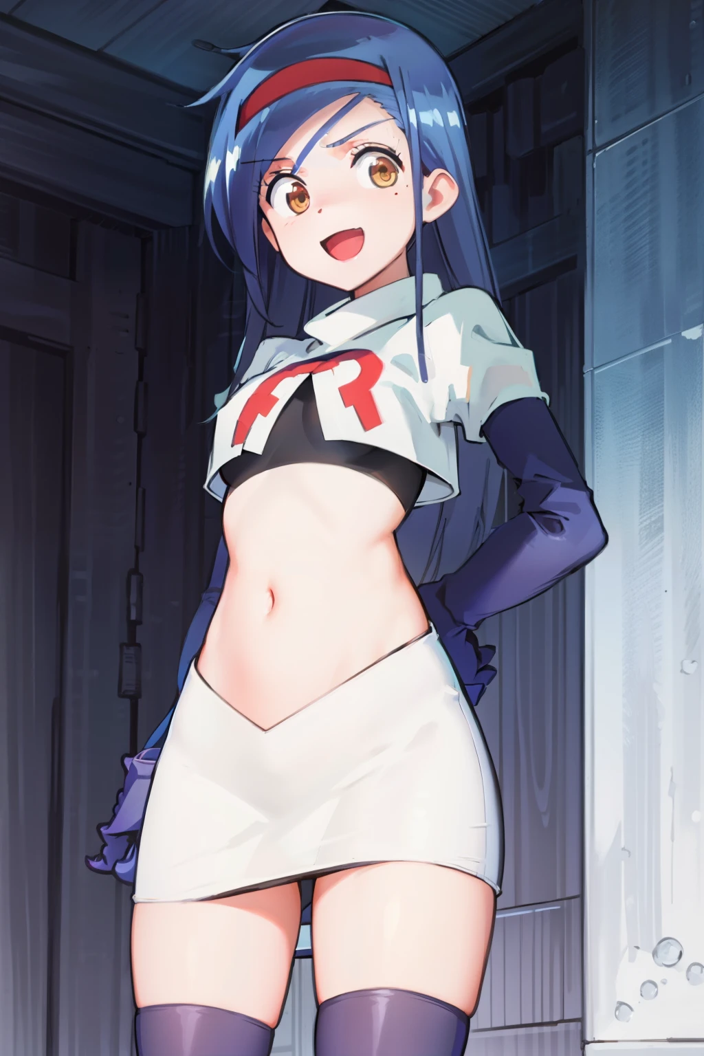 (extremely detailed CG unity 8k wallpaper), (masterpiece), (best quality), (ultra-detailed), (best illustration), (best shadow), (absurdres), 1girl, solo, fumino furuhashi, headband, looking at viewer, :d, small breasts, team rocket,team rocket uniform, red letter R, white skirt,white crop top,black thigh-highs, black elbow gloves,