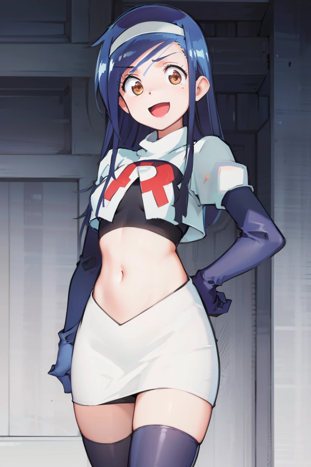 (extremely detailed CG unity 8k wallpaper), (masterpiece), (best quality), (ultra-detailed), (best illustration), (best shadow), (absurdres), 1girl, solo, fumino furuhashi, headband, looking at viewer, :d, small breasts, team rocket,team rocket uniform, red letter R, white skirt,white crop top,black thigh-highs, black elbow gloves,