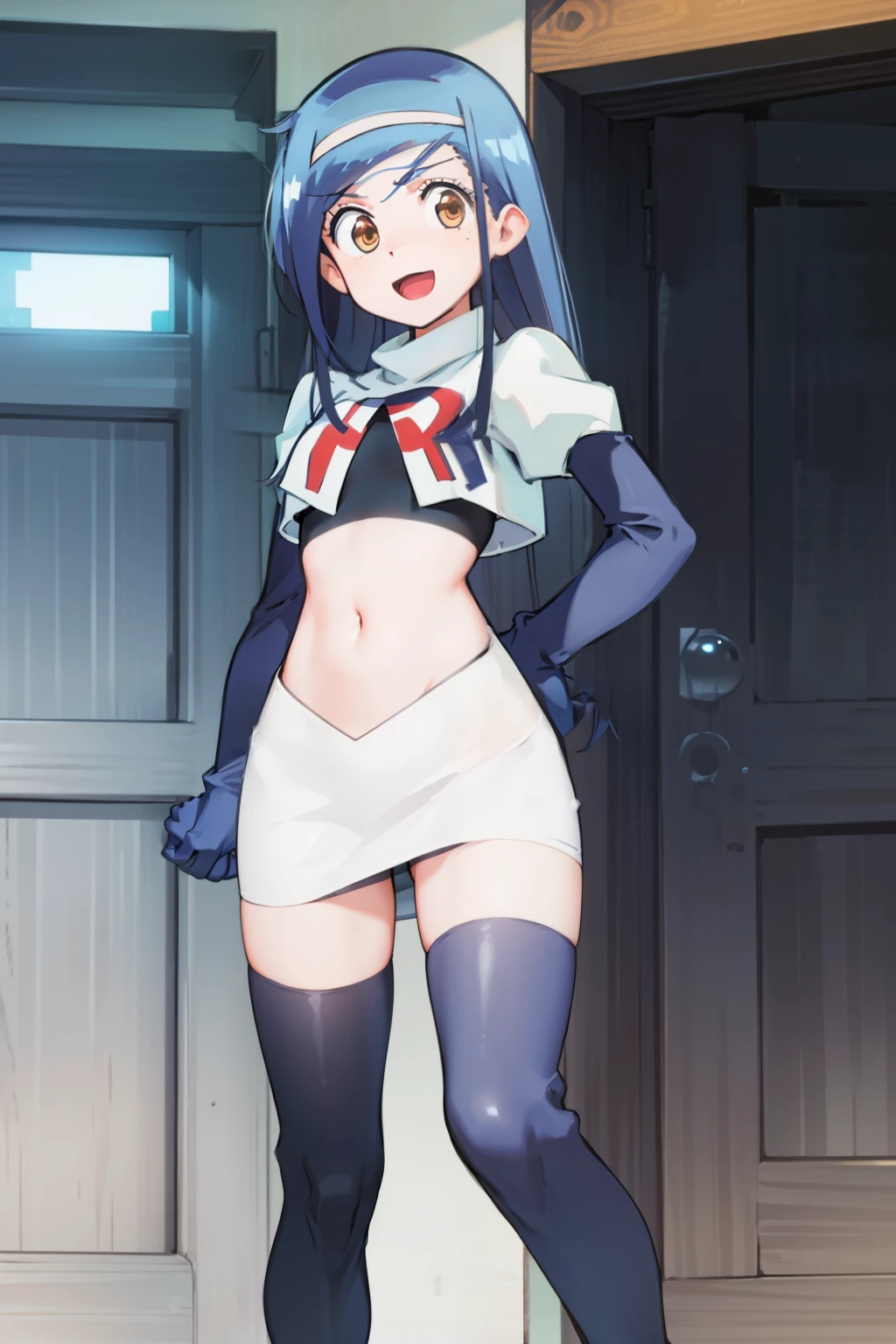 (extremely detailed CG unity 8k wallpaper), (masterpiece), (best quality), (ultra-detailed), (best illustration), (best shadow), (absurdres), 1girl, solo, fumino furuhashi, headband, looking at viewer, :d, small breasts, team rocket,team rocket uniform, red letter R, white skirt,white crop top,black thigh-highs, black elbow gloves,
