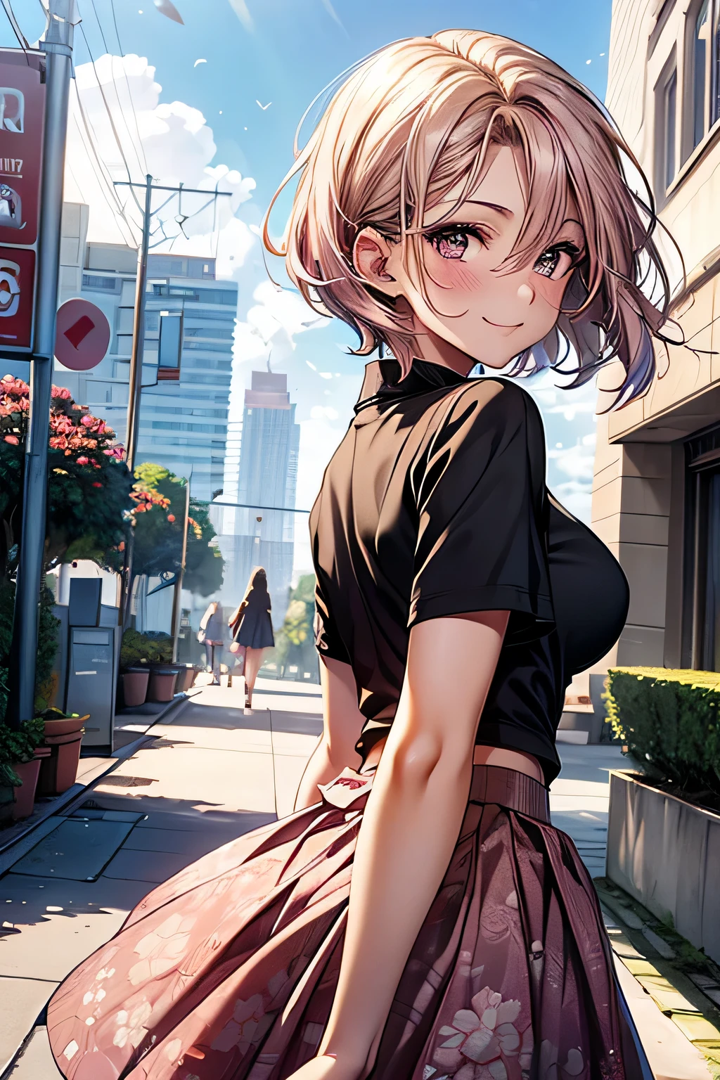 one woman, alone, middle aged, Beautiful woman、I could see the whole body、 ((short hair)), ((brown eyes, beautiful eyelashes, realistic eyes)), ((detailed face, blush:1.2)), ((smooth texture:0.75, realistic texture:0.65, realistic:1.1, Anime CG style)), big breasts, dynamic angle, perfect body, ((purple transparent prowse, red skirt))、Hotel stairs、It's windy、Very embarrassing panic smile、looked back、I can see her ass sticking out in front of me..、Angle looking up from the bottom of the stairs、 ((The wind pulled up my skirt、I can see all your butts、Pink floral panties))、((table top, highest quality, High resolution, perfect pixel, 4K,))),
