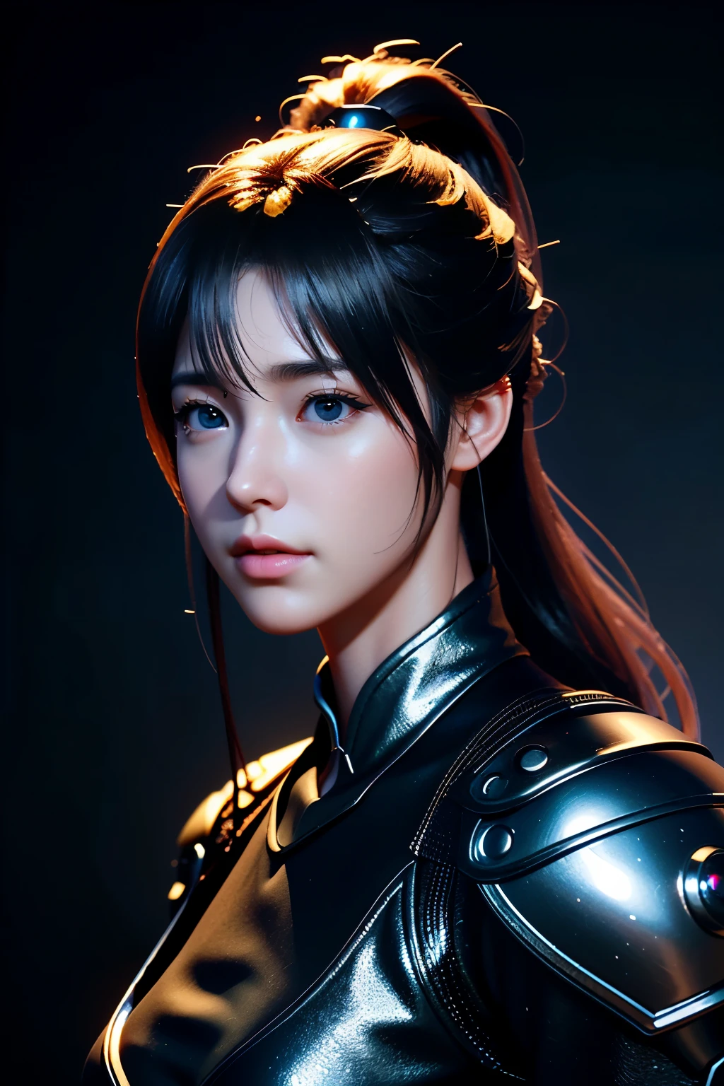 Game art，The best picture quality，Highest resolution，8K，((A bust photograph))，((Portrait))，(Rule of thirds)，Unreal Engine 5 rendering works， (The Girl of the Future)，(Female Warrior)，22岁少女，(A long ponytail hairstyle with shades of red and blue)，(A beautiful eye full of detail)，(Big breasts)，优雅迷人，微笑，(皱眉)，(Clothes full of futuristic sci-fi style，Sweater，A delicate pattern，Glittering jewels，Armor)，赛博朋克人物，未来风格， 拍照姿势，街道背景，Movie lights，Ray tracing，Game CG，((3D Unreal Engine))，oc渲染反射纹