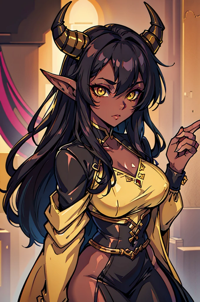 A Female Tiefling Bard with Black hair yellow eyes and brownish red skin (WITH HORNS)
