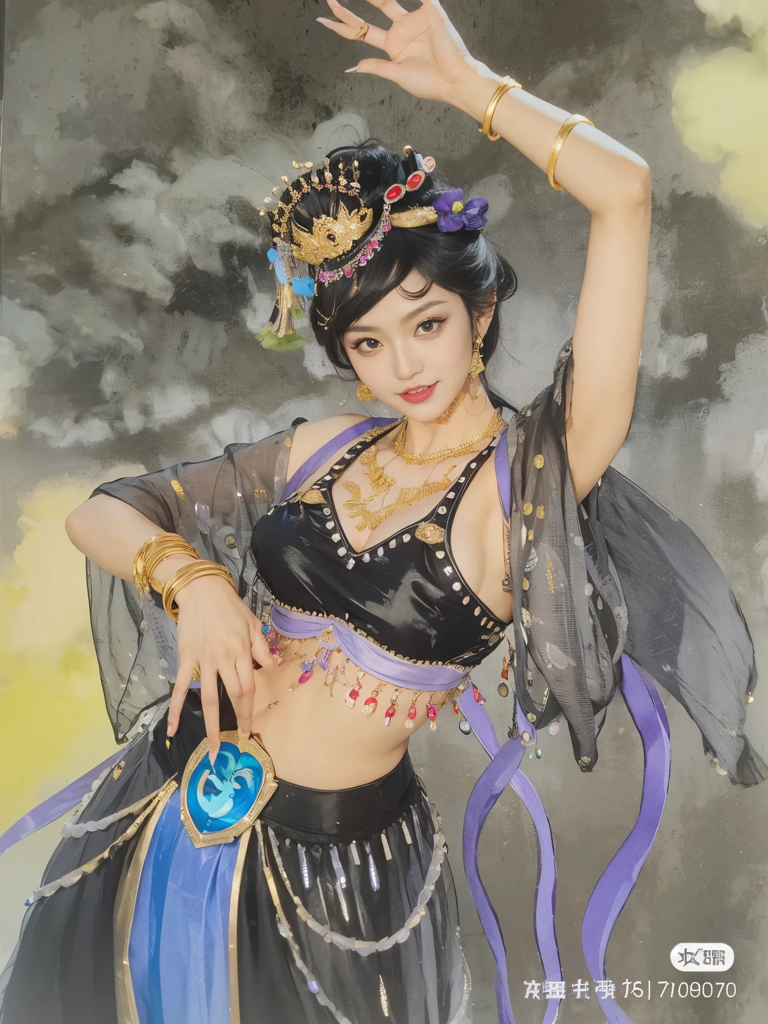 black asian belly, dancing,Bare chest and waist,charming,Big chest,Heavy makeup,Extra-long nailascinating facial expression, dancing勾引男人。