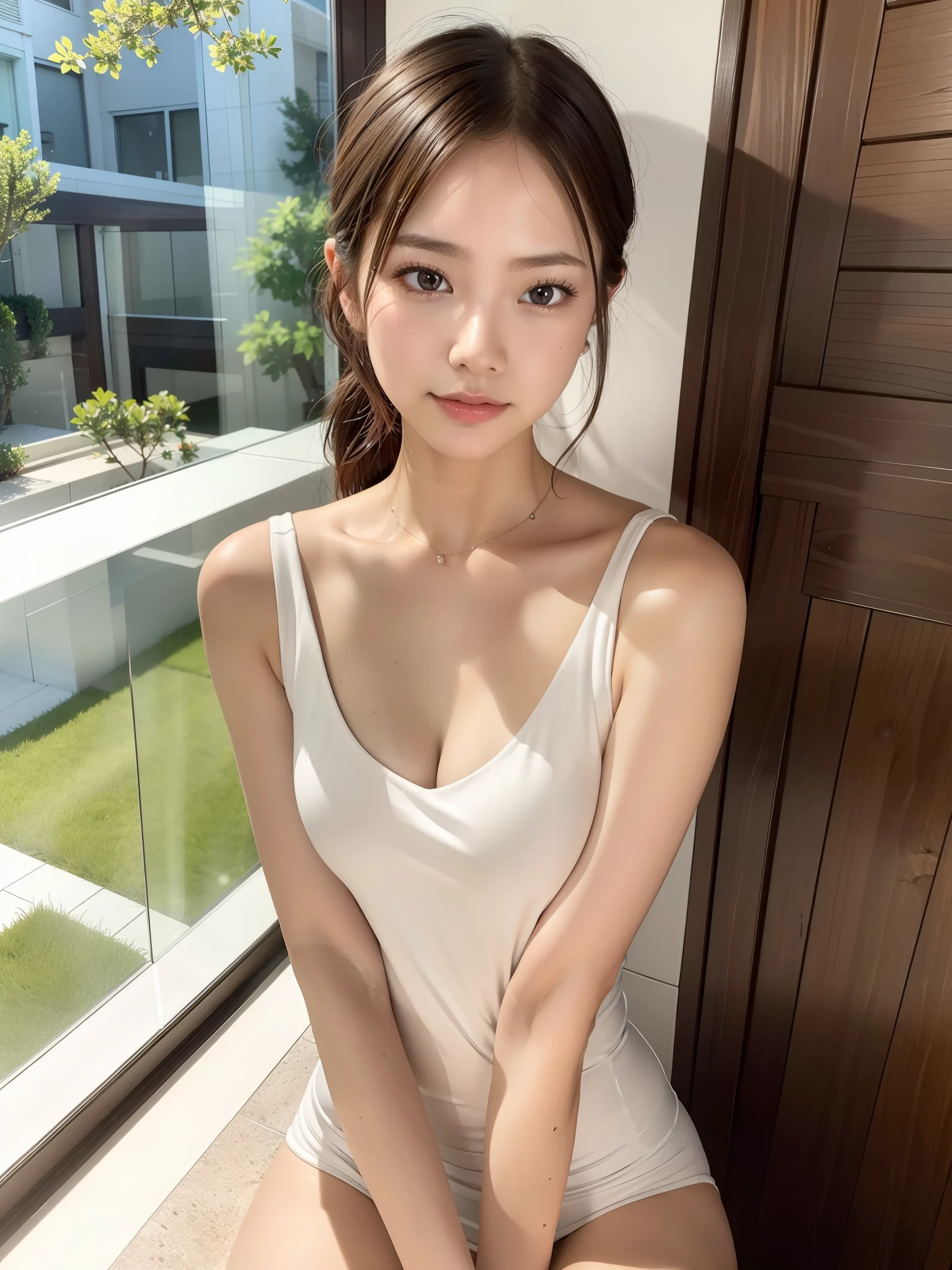wet body, nude, ((of the highest quality, 8K, masutepiece: 1.3, Raw photo)), Sharp Focus: 1.2, (1 AESPA Girl :1.1), (Solo: 1.15), (Realistic, Photorealistic: 1.37), (Face Focus: 1.1), Cute face, hyperdetailed face, Short messy hair, updo, Small breasts, flat chest, sitting, spread legs, Thigh, bathroom,