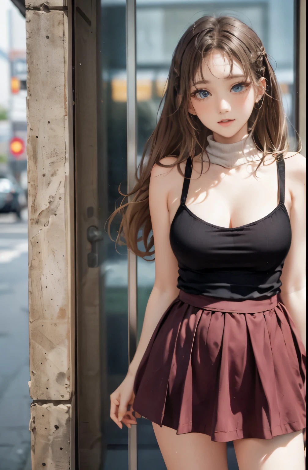 absurderes, ultra-detailliert,bright colour, extremely beautiful detailed anime face and eyes, view straight on, ;D, shiny_skin,25 years old, Short hair, , asymmetrical bangs, Blonde hair with short twin tails, Shiny hair, Delicate beautiful face, red blush、Blue eyes, White skin, hair clips, earrings, a necklace,(Brown Turtleneck Sleeveless:1.2), Beautiful cloud, Dusk sky,