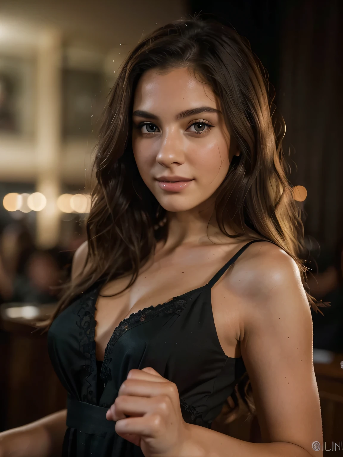 Selfie shot Beautiful brunette with blonde highlights wearing a selfie photo, upper body, solo, wearing a dress, in the club, (night),wearing a black dress, highly detailed, 22 years old, beautiful face, natural wavy hair, green eyes, high resolution, Masterpiece, Best quality, Intricate high detail, Highly detailed, Sharp focus, Detailed skin, realistic skin texture, texture, detailed eyes, professional, 4k, charming smile, shot on Canon, 85mm, shallow depth of field, Kodak Vision Color, Perfect Fit Body , extremely detailed, photography_\(ultra\), Photorealistic, Realistic, Post-processing, maximum details, roughness, real life, ultra realistic, Photorealism, photography, 8k UHD, photography,