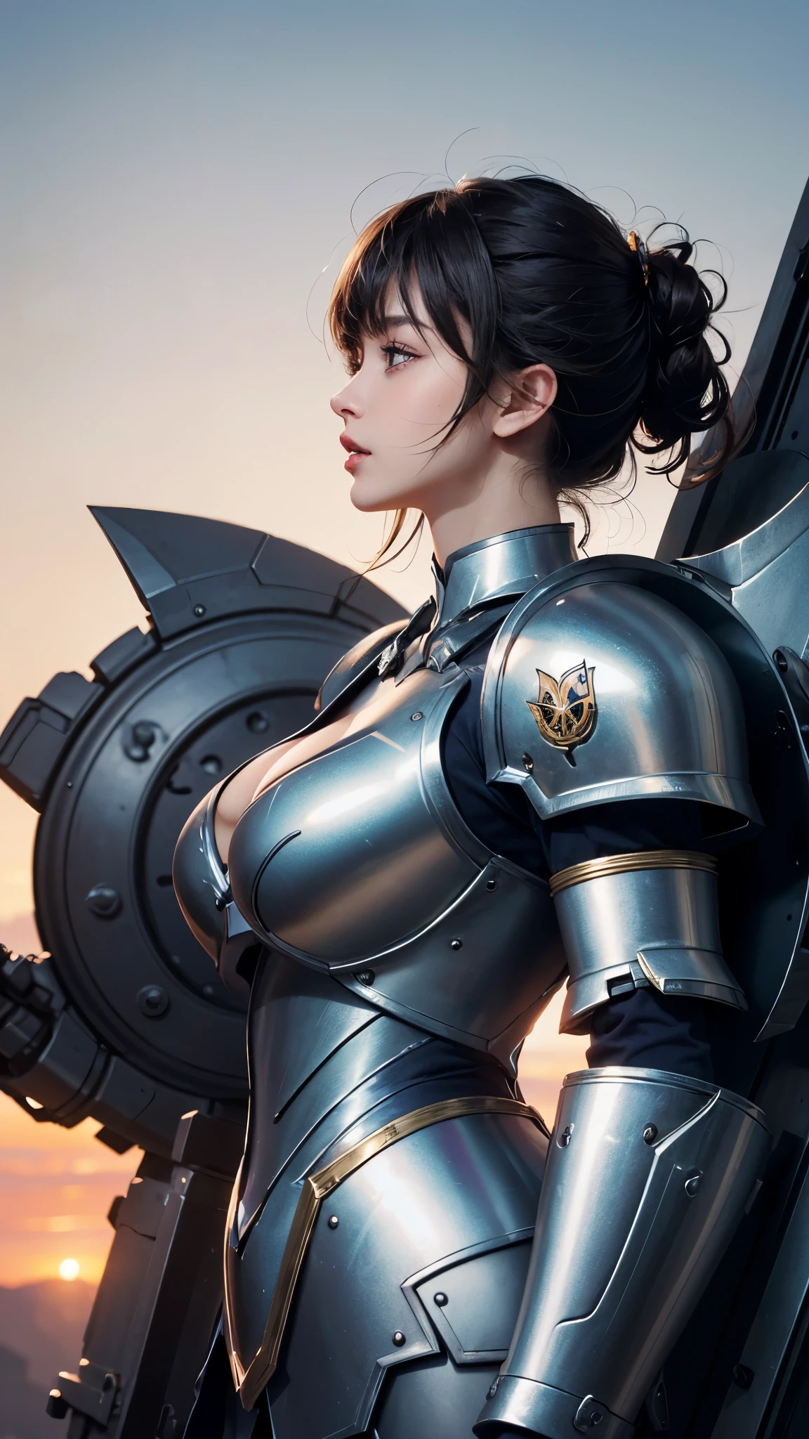 (UHD, retina, masterpiece, accurate, anatomically_correct, textured_skin, super_detail, high_details, high_quality, best_quality, high_res, 1080P, HD, 4K, 8k, 16k), (beautiful_detailed_eyes, beautiful_detailed_lips, extremely_detailed_eyes_and_face), soft_lighting, physically-based_rendering, vivid_colors, (large_breasts:1.5), (shiny_hair, shiny_skin, tanned_skin), eye_reflection, (bangs:1.5), (splash_curl:1.2), (bokeh), semi-profile_view, (mecha, shining_armor, profile, big_armor:1.5), (big_shield:1.2),
