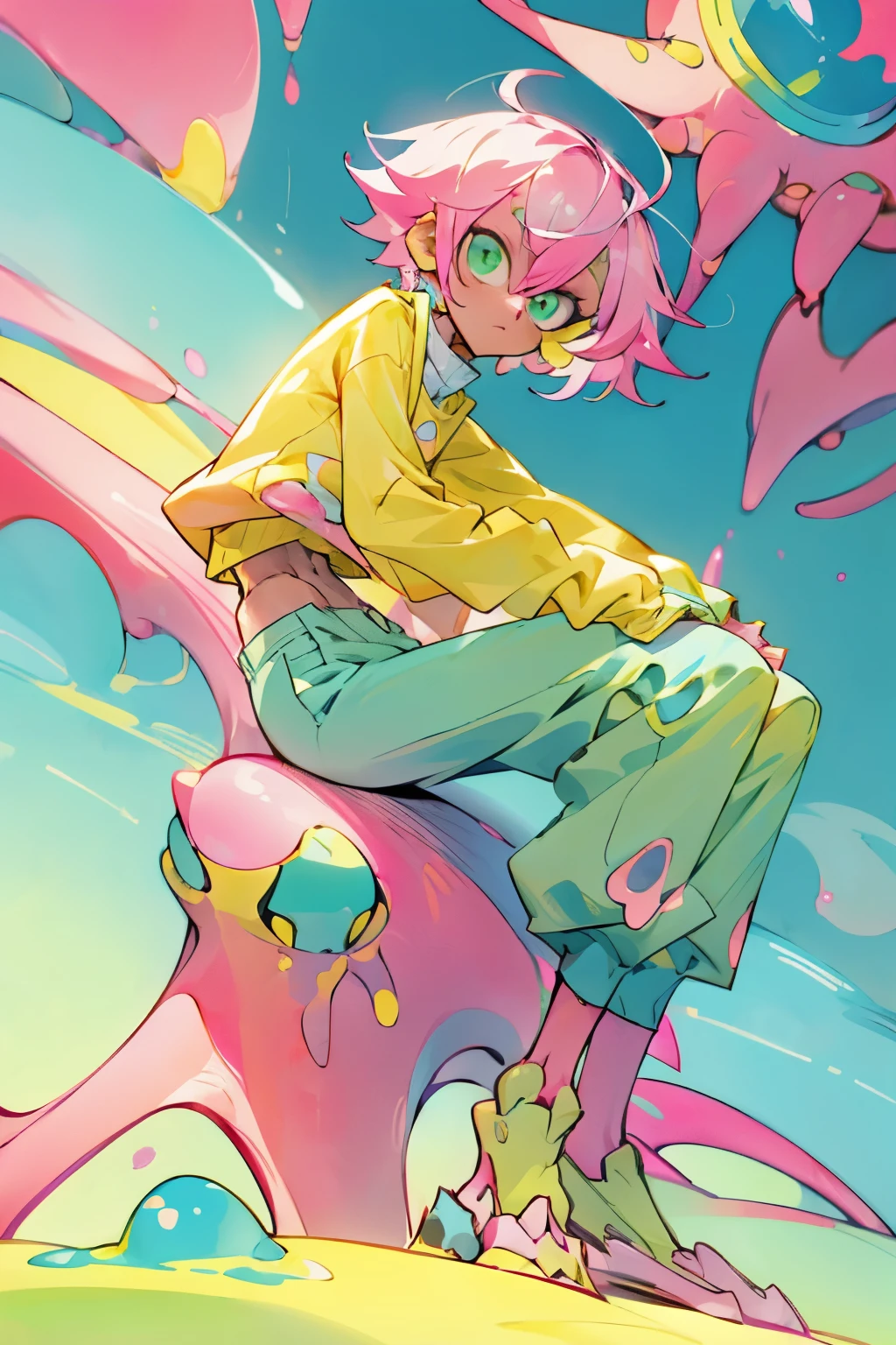 non gender anime person in slim body with an outfit of yellow sweater with pink polkadot and blue and green pants, psycho, cool pose, left crab arms, zooble, cool sit pose, pink short messy hair, abstract triangular shapes
