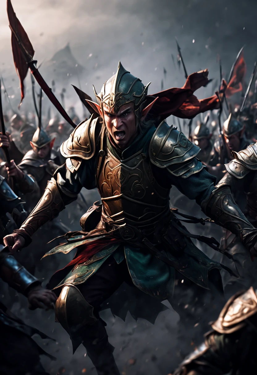 (first person,perspective,detailed,Elf Portraits:1.2,flying over,battlefield,capsuled elfs,ancient warriors,ancient armor,martial arts,misty atmosphere,dramatic lighting,high contrast,warrior in action,,action-packed,war cries,weapons) after battle face potrait