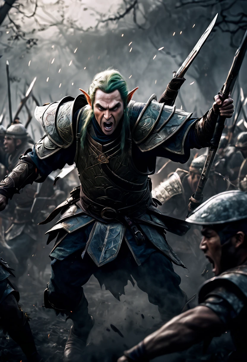 (first person,perspective,detailed,Elf Portraits:1.2,flying over,battlefield,capsuled elfs,ancient warriors,ancient armor,martial arts,misty atmosphere,dramatic lighting,high contrast,warrior in action,,action-packed,war cries,weapons) after battle face potrait