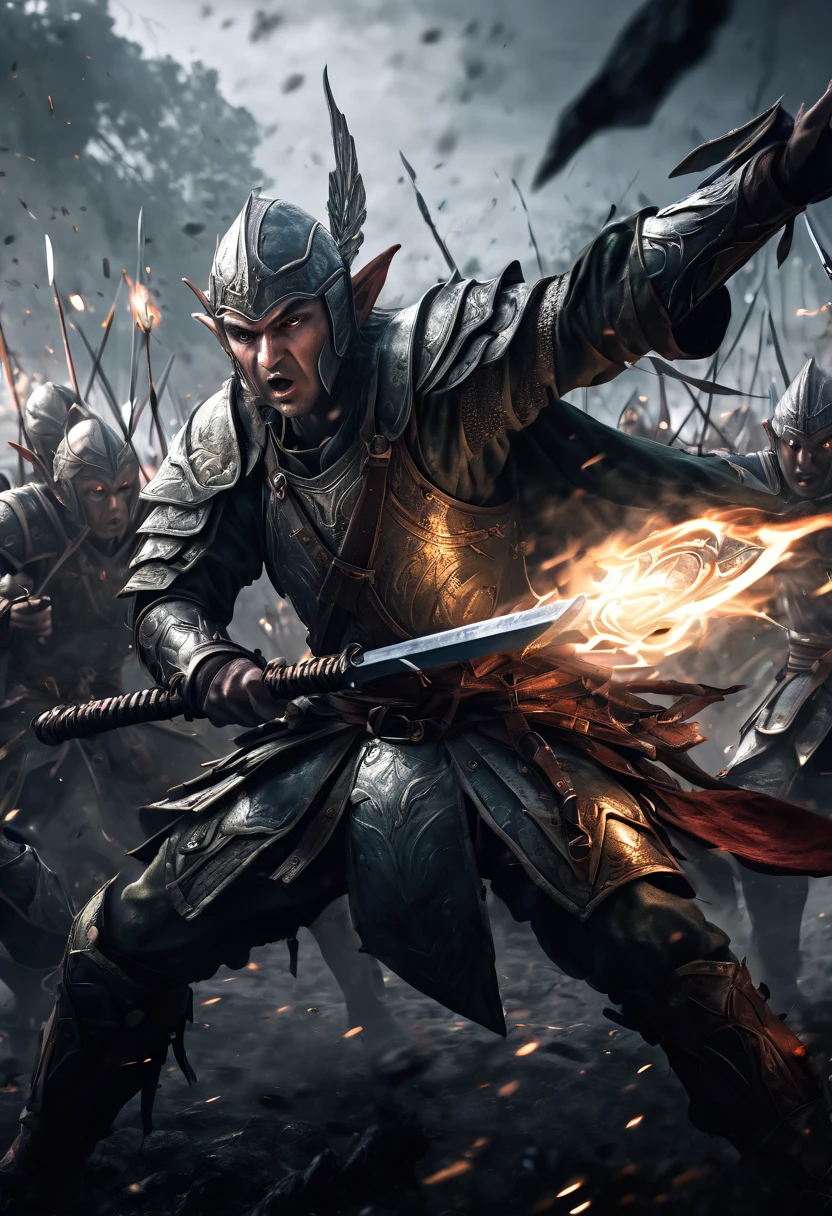 (first person,perspective,detailed,Elf Portraits:1.2,flying over,battlefield,capsuled elfs,ancient warriors,ancient armor,martial arts,misty atmosphere,dramatic lighting,high contrast,warrior in action,,action-packed,war cries,weapons) after battle face potrait