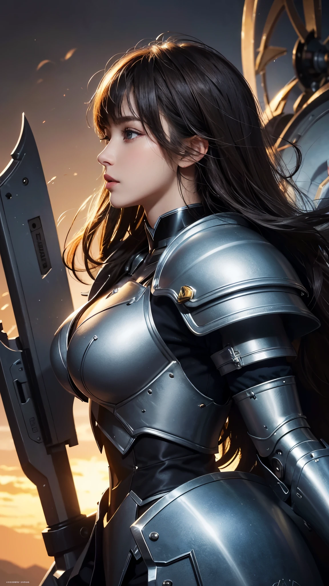 (UHD, retina, masterpiece, accurate, anatomically_correct, textured_skin, super_detail, high_details, high_quality, best_quality, high_res, 1080P, HD, 4K, 8k, 16k), (beautiful_detailed_eyes, beautiful_detailed_lips, extremely_detailed_eyes_and_face), soft_lighting, physically-based_rendering, vivid_colors, (large_breasts:1.5), (shiny_hair, shiny_skin, tanned_skin), eye_reflection, (bangs:1.5), (splash_curl:1.2), (bokeh), semi-profile_view, (mecha, shining_armor, profile, big_armor, big_shield, big_flag:1.5),