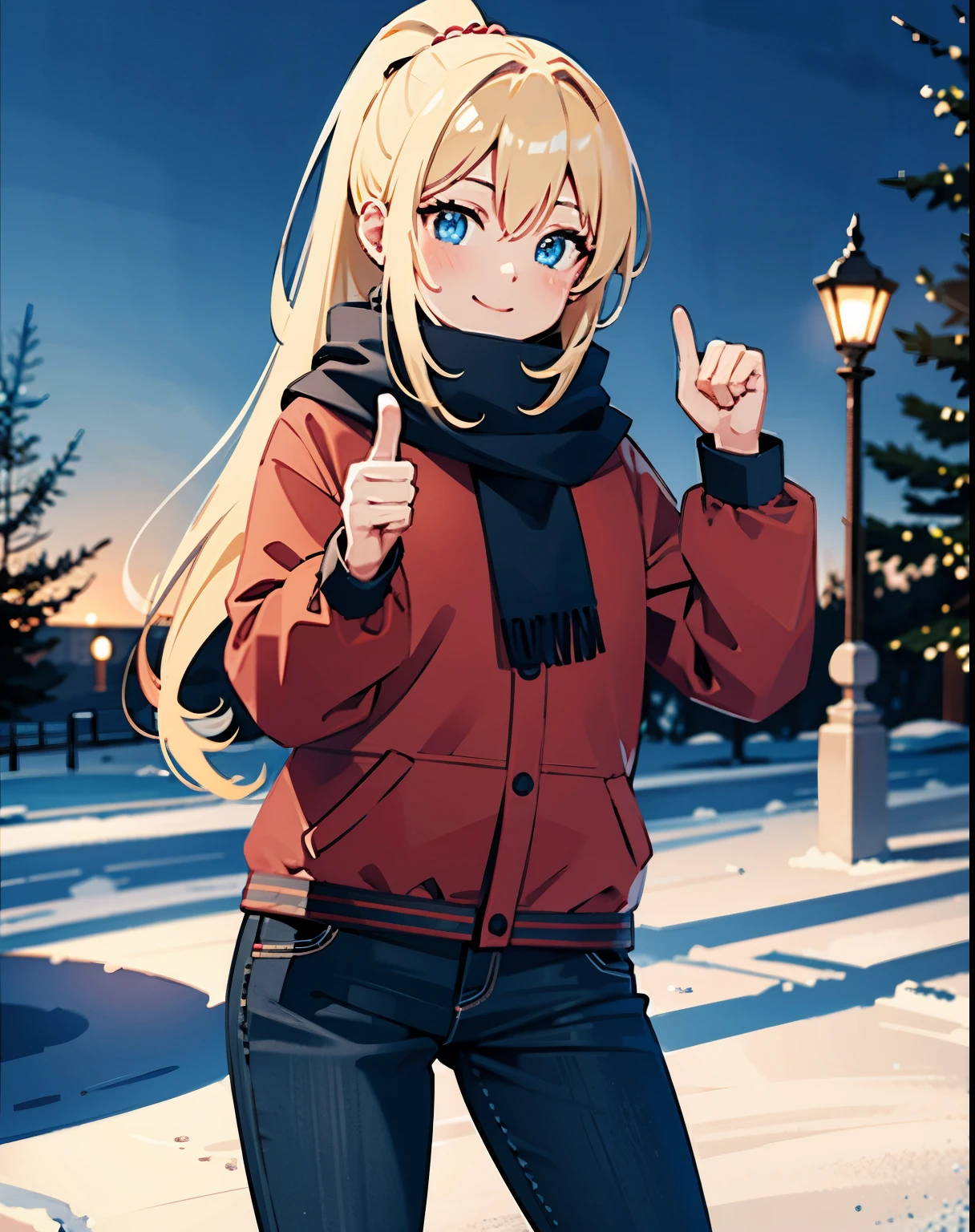 (best quality,4k,highres:1.2),ultra-detailed,realistic,portrait,soft lighting,shining blue eyes,detailed face and features,beautiful smile,alive expression,blonde hair in black with a ponytail,expressive eyes, vivid colors,wearing a plaid yellow scarf,dressed in a red jacket,black pants,standing in the snow-covered scenery,immersed in a winter wonderland,holding a thumbs up pose,engaging directly with the viewer,filled with happiness and joy,enjoying the serene atmosphere that surrounds her,snowflakes gently falling from the sky,creating a peaceful ambiance,creating a warm contrast with the cold surroundings,expressing pure delight in her eyes,showcasing the magic of the winter season,creating a sense of optimism and positivity.