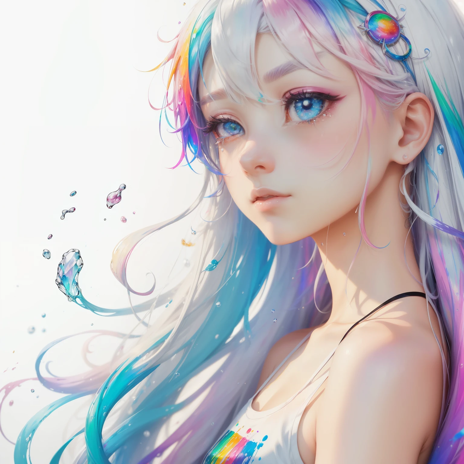 (Pink fashion T-shirt:1.9),(colorful hair:1.8),(Rainbow all colors:1.8),((((Vertical painting:1.6))),(painting of a:1.6),frontage,comic strip,enlightenmentn,painting of a,White-eye,crystal clear,(rainbow gradation hair:1.7),delicate makeup,please shut your mouth,(Small Fresh:1.5),(Bando:1.6),long eyelashes,White shoulder T- shirt, White shoulder shirt,looking at the viewer,Big eyes full of tears,(レインボーcolored hair:1.6), splash of color, (alone:1.8), splash of color, explosion of colors, Skipping color, explosion of colors, Thick lacquer style,Messy lines,((shining)) ,(colorful), (colorful), (colorful), colorful, Thick paint Style, (splash) (splash of color), Vertical painting,, paintの飛び散り, Acrylic Pigment, Slope, paint, best image quality, best image quality, masterpiece, alone, Depth of bounds written, フェイスpaint, colorful clothes, (grace: 1.2), luxurious, white long hair, Wind, (grace: 1.etals: 1.4),(((masterpiece))),(((best quality))),((super detailed)),(enlightenment),(dynamic angle),((floating)),(paintwork),((hair loss)),(alone),(1 girl) , (( (Detailed anima face))),((beautiful detailed face)),first round,exposed bare shoulders,white hair,((colored hair)),((striped hair)),beautiful and fine eyes,(Slope color eyes),(( (colored eyes))),Rainbow Pupils,(((coloured background))),(((High saturation))),(((colorfulな水しぶきに囲まれている))),