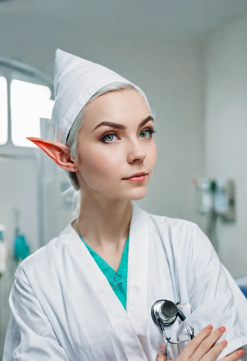portrait of doctor elf, pointy ears, in hospital, warm cute girl