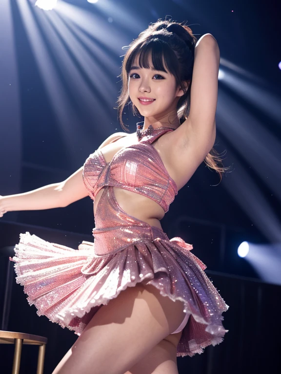 master piece、Ultra high resolution photo quality、cinematic camera work、Video of the entire stage、long shot、modern japanese strip theater、wide stage、wide seat、Mayu Minami、big droopy eyes、thick eyebrows、round cheeks、Round nose、familiarity、very beautiful Japanese female dancer、athlete、very sexy、Very long and beautiful strong arms and legs and beautiful abs、Fair skin、Her fine skin is very beautiful、Sweat、beautiful bright smile、healthy、kind、Noble、refinement、kind、mild、raise one leg、active pose、yoga、gorgeous beautiful dress、Beautiful stage costumes、Dramatic and gorgeous beautiful lighting、Spotlight、Laser beam、smoke effect、clear acoustics、round table stage、body chain、