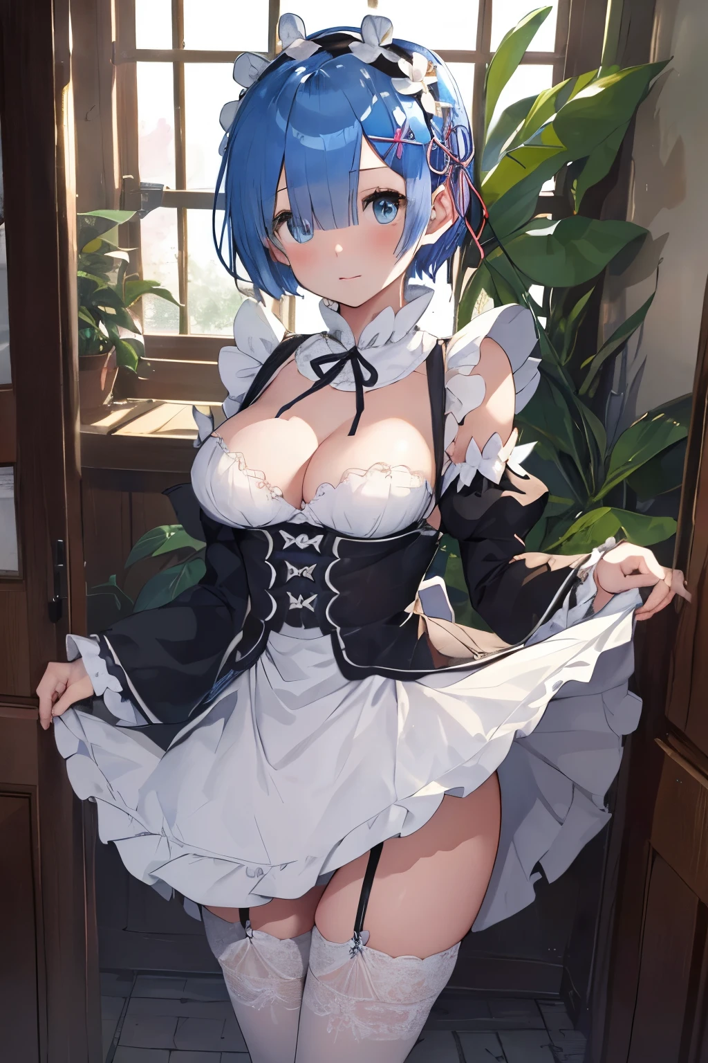 nsfw,top-quality,Top image quality,in 8K,4K,​masterpiece,ultra-detailliert,Beautiful、ultra-quality, best quality,high resolution, ultra-detailed,game cg,dutch angle ,beautiful detailed eyes, visualart,five fingers, perfect hands,美少女,,1girl, rem_re_zero, blue hair, short hair, maid uniform, hair ornament, cleavage, maid headdress, detached sleeves, ribbon,small breasts,from below,curtsey,(skirt lift:1.3),(panty shot:1.3),異世界の宮殿の室内