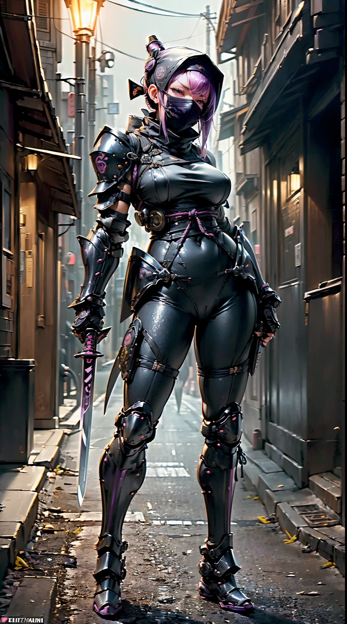 1girl,(table top,very detailed, heavy mechanism, hard surface),(concept art:1.1),(Taimanin Asagi style:0.8), A woman wearing ninja robot armor tying a seal,(full armor:1.4),(tactical ninja mask:1.5),(Purple body:1.1),(long legs:1.1),(Equipped with a sword on the back:1.3),(big breasts:1.2),(constriction),(detailed eye:1.3),(detailed face:1.3),(weapon details:1.3),(detailed body:1.3),((full body esbian:1.5)),(The background is a street corner at night:1.5),lively