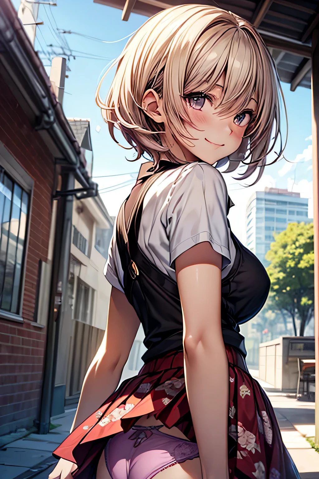 one woman, alone, middle aged, Beautiful woman、I could see the whole body、 ((short hair)), ((brown eyes, beautiful eyelashes, realistic eyes)), ((detailed face, blush:1.2)), ((smooth texture:0.75, realistic texture:0.65, realistic:1.1, Anime CG style)), (glamorous body), big breasts, dynamic angle, perfect body, ((purple transparent prowse, red skirt))、(Hotel stairs)、It's windy、(Very embarrassing panic smile)、looked back、I can see her ass sticking out in front of me..、Angle looking up from the bottom of the stairs、 (((The wind turned up my skirt、My butt is now completely visible..、Pink floral panties)))、((table top, highest quality, High resolution, perfect pixel, 4K,))),