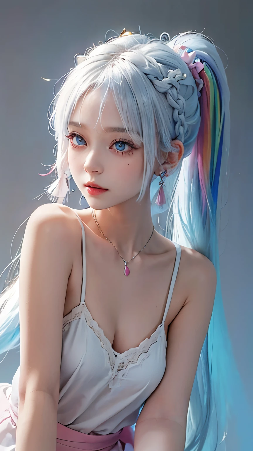 pure white background，Colorful hair，long white hair，colorful braids，high ponytail（There are two strands of white hair on both sides of the ears，Wear pink headdress on both sides of the ears），a girl，alone,以最high quality查看镜头，light blue eyes，((strands of hair)),clavicle，Loose shirt，Sweet cool，cute expression，cute earrings，((Rainbow colored background)，Highest image quality，8k,front lighting，high quality，Very good atmosphere，exquisite，CG rendering，Detailed rendering，（exquisite面部刻画）（Fine hair depiction）（best quality）（masterpiece）（High degree of completion）（a sense of atmosphere）