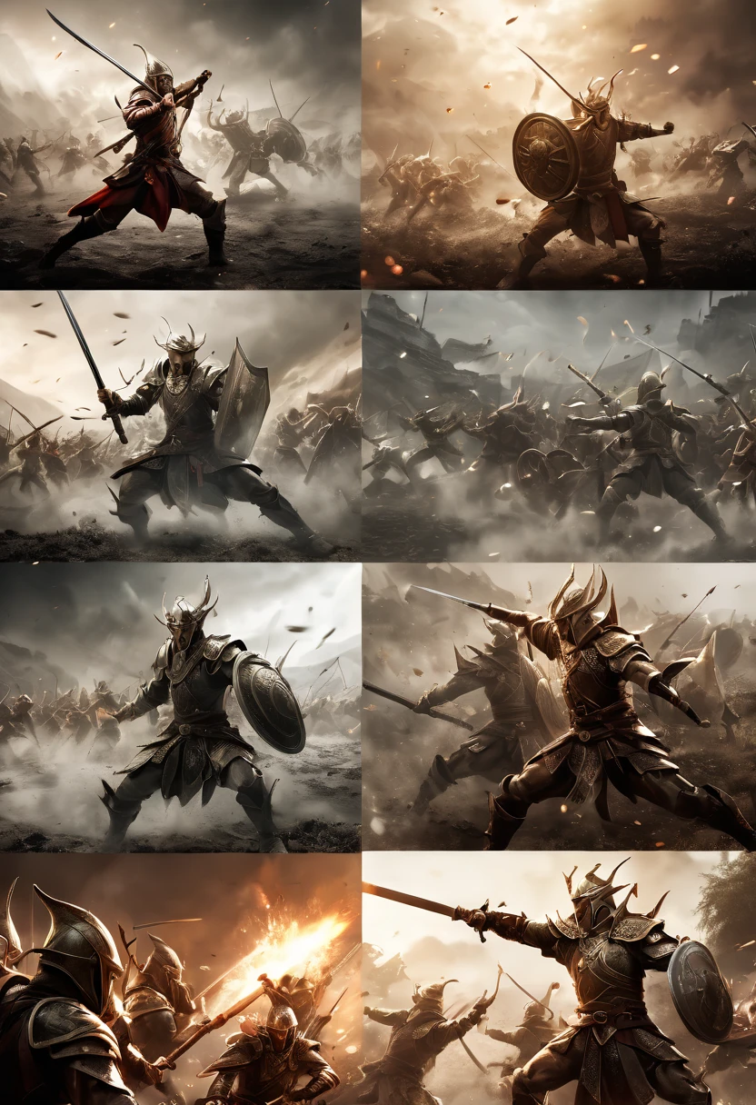 (first person,perspective,detailed,Elf Portraits:1.2,flying over,battlefield,capsuled elfs,ancient warriors,ancient armor,martial arts,misty atmosphere,dramatic lighting,high contrast,warrior in action,,action-packed,war cries,weapons clashing,fierce battles) thre side view, 1 side potrait,2 side close, 3 side in the batlle, (Photo collage)
