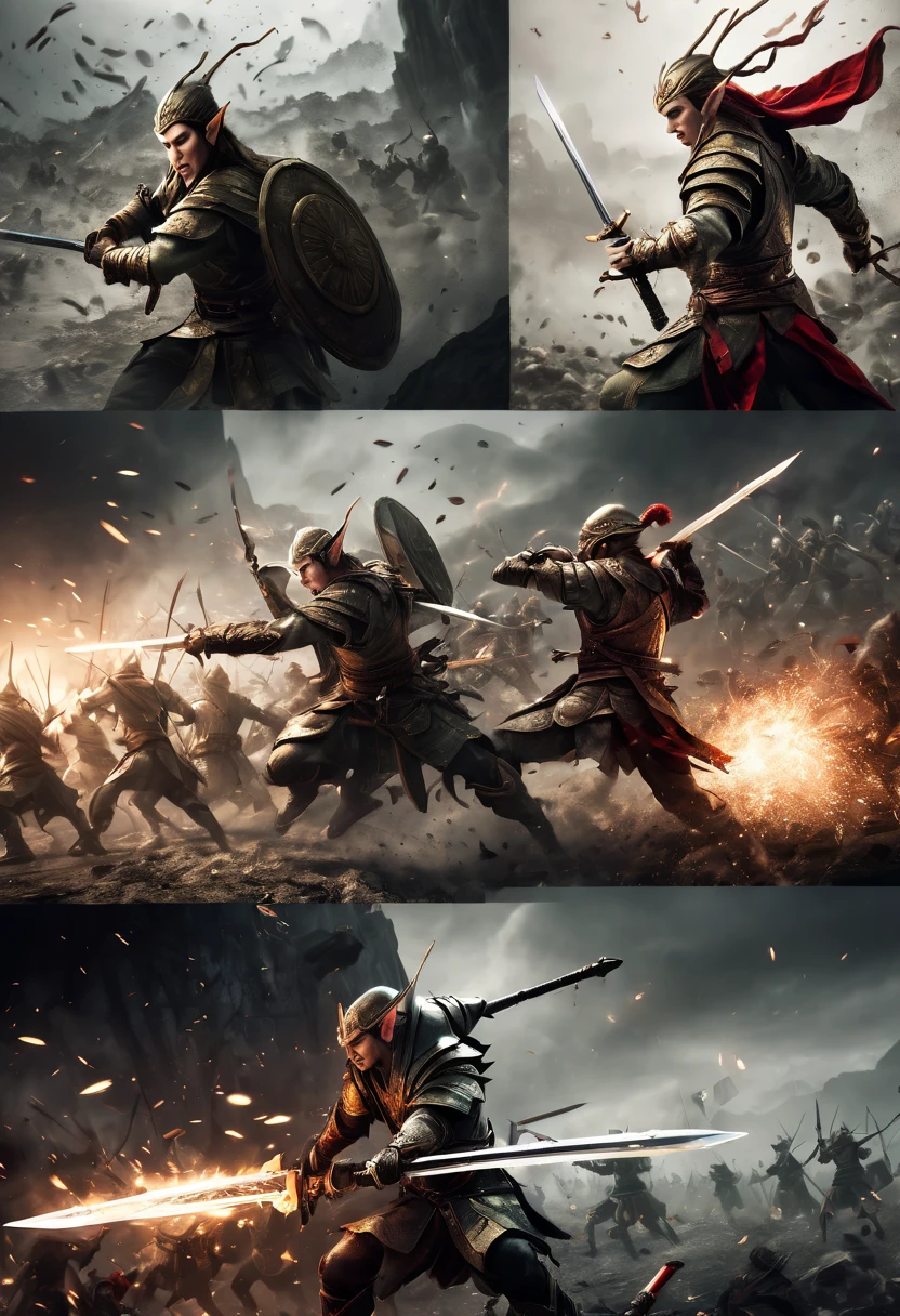 (first person,perspective,detailed,Elf Portraits:1.2,flying over,battlefield,capsuled elfs,ancient warriors,ancient armor,martial arts,misty atmosphere,dramatic lighting,high contrast,warrior in action,,action-packed,war cries,weapons) after battle face potrait