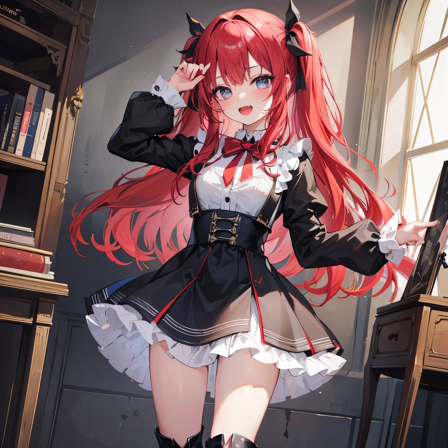 Highly detailed and realistic CG, Colorful, Masterpiece, Best Quality, magnificent, jewel-like eyes, 1girl, solo, li, pee, cute girl, red hair, wavy hair, gothic school uniform, black and white clothes, smile, standing, hand on hair, gothic ribbon, ribbon tie, classroom, small breasts, open mouth, fangs, miniskirt, gothic boots, from front, dutch angle,