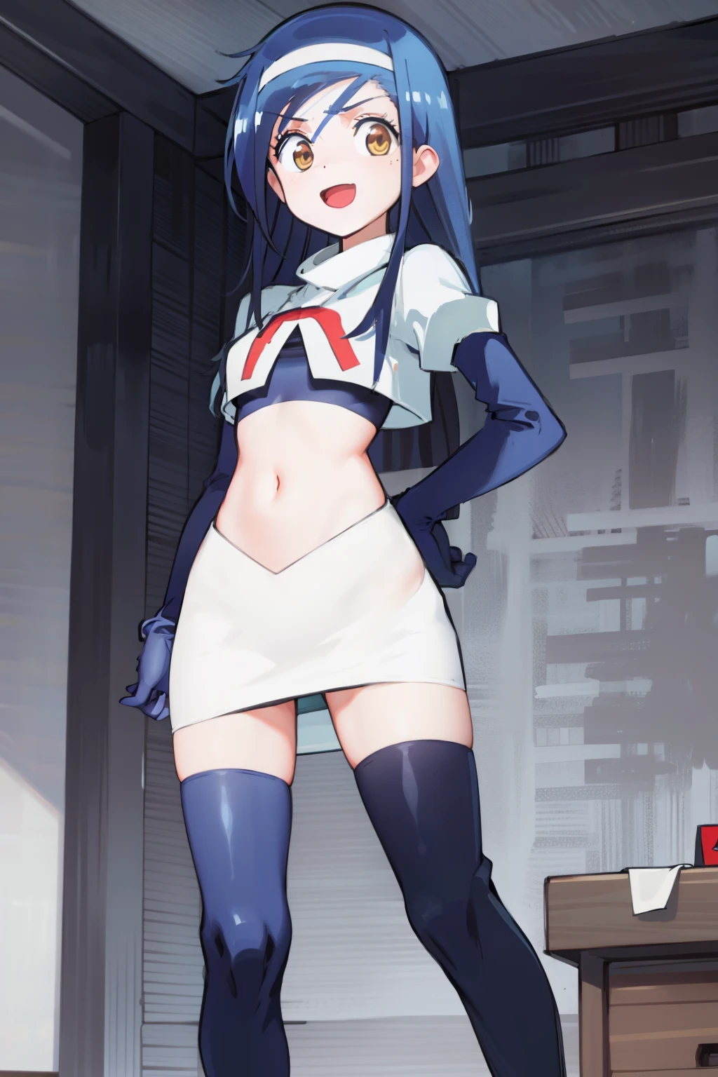 (extremely detailed CG unity 8k wallpaper), (masterpiece), (best quality), (ultra-detailed), (best illustration), (best shadow), (absurdres), 1girl, solo, fumino furuhashi, headband, looking at viewer, :d, small breasts, team rocket,team rocket uniform, red letter R, white skirt,white crop top,black thigh-highs, black elbow gloves,