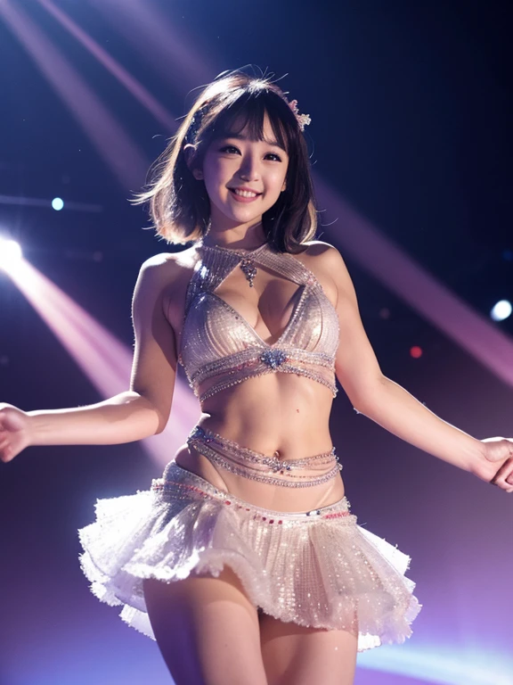 Ultra high resolution photo quality、cinematic camera work、Video of the entire stage、long shot、modern japanese strip theater、wide stage、wide seat、Mayu Minami、big droopy eyes、thick eyebrows、flushed cheeks、familiarity、very beautiful Japanese female dancer、athlete、very sexy、Very long and beautiful strong arms and legs and beautiful abs、Fair skin、Her fine skin is very beautiful、Sweat、beautiful bright smile、healthy、kind、Noble、refinement、kind、mild、raise one leg、active pose、yoga、gorgeous beautiful dress、Beautiful stage costumes、Dramatic and gorgeous beautiful lighting、Spotlight、Laser beam、smoke effect、clear acoustics、round table stage、body chain、