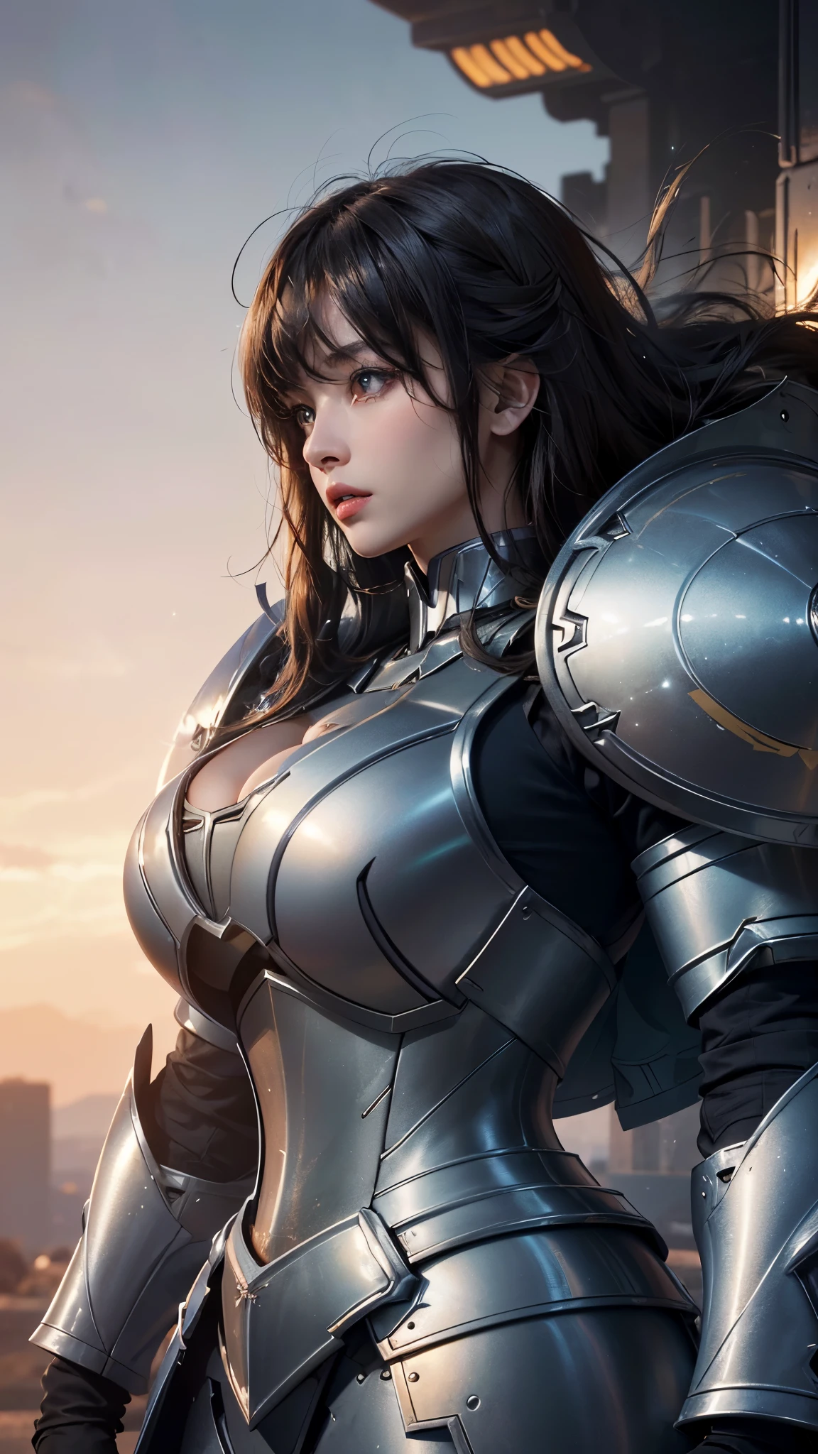 (UHD, retina, masterpiece, accurate, anatomically_correct, textured_skin, super_detail, high_details, high_quality, best_quality, high_res, 1080P, HD, 4K, 8k, 16k), (beautiful_detailed_eyes, beautiful_detailed_lips, extremely_detailed_eyes_and_face), soft_lighting, physically-based_rendering, vivid_colors, (large_breasts:1.5), (shiny_hair, shiny_skin, tanned_skin), eye_reflection, (bangs:1.5), (splash_curl:1.2), (bokeh), semi-profile_view, (mecha, shining_armor, big_armor:1.5), (big_shield:1.37),