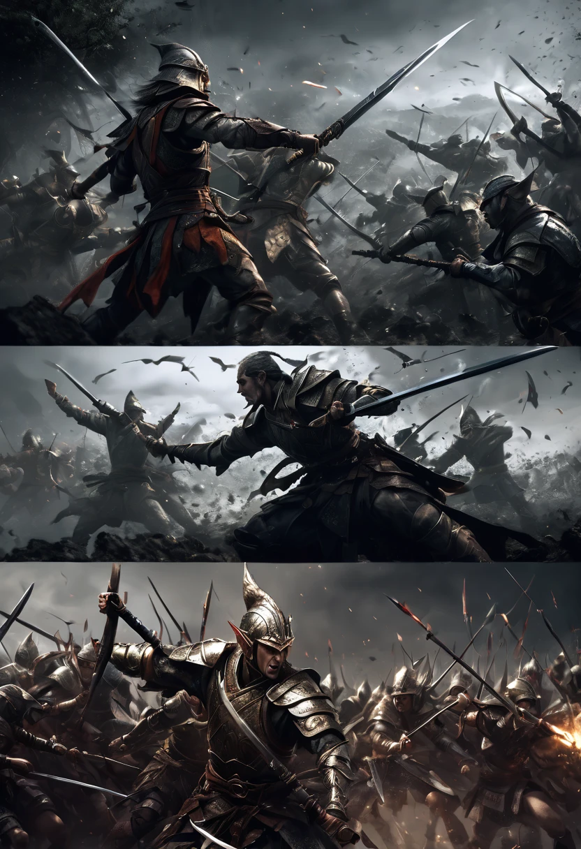 (first person,perspective,detailed,Elf Portraits:1.2,flying over,battlefield,capsuled elfs,ancient warriors,ancient armor,martial arts,misty atmosphere,dramatic lighting,high contrast,warrior in action,,action-packed,war cries,weapons clashing,fierce battles) thre side view, 1 side potrait,2 side close, 3 side in the batlle, face close up,