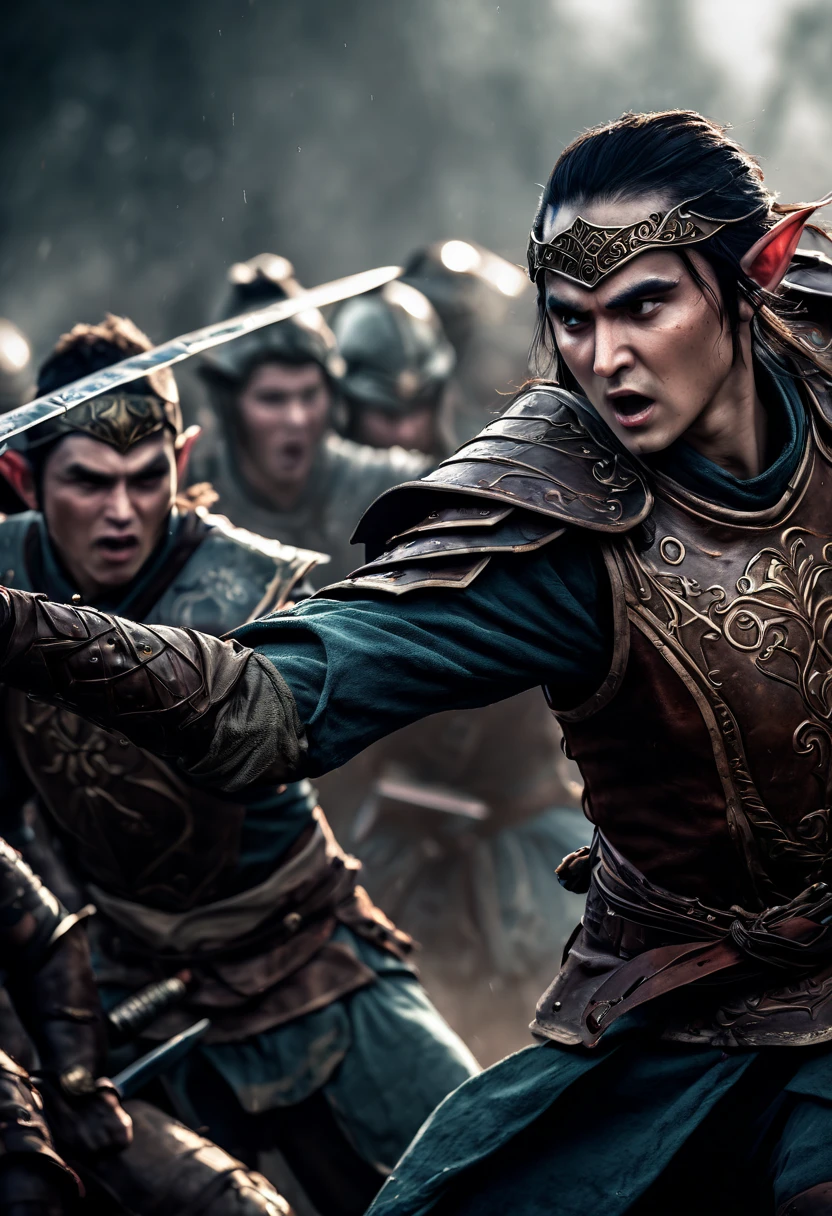 (first person,perspective,detailed,Elf Portraits:1.2,flying over,battlefield,capsuled elfs,ancient warriors,ancient armor,martial arts,misty atmosphere,dramatic lighting,high contrast,warrior in action,,action-packed,war cries,weapons clashing,fierce battles) thre side view, 1 side potrait,2 side close, 3 side in the batlle, face close up,