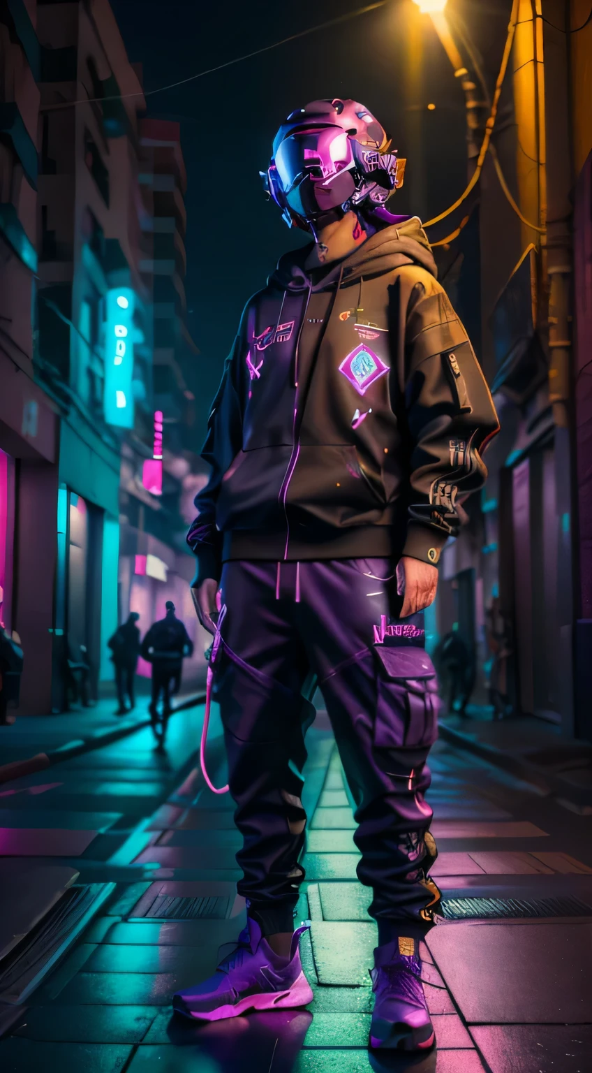 (obra de arte, Tiro de corpo inteiro, intricado raw photography) cyberpunk citizen, Large and comfortable dark purple hoodie, Black cargo pants with neon details, roupas pretas com detalhes em neon, Escuro, wearing a neon lilac black Hitech Astronaut style helmet, intricado, futurista, advanced technology, Escuro environment, dramatic, luz e sombra, cinematographic, action film, nitidez, random relaxed position, cidade ciberpunk, street lighting, Escuro street, noite, Instant Photo, foto do ano, Octane rendering, substance, banana 3d, cinema4d, Art Season Trends, Deviant art trends, quatro poses diferentes